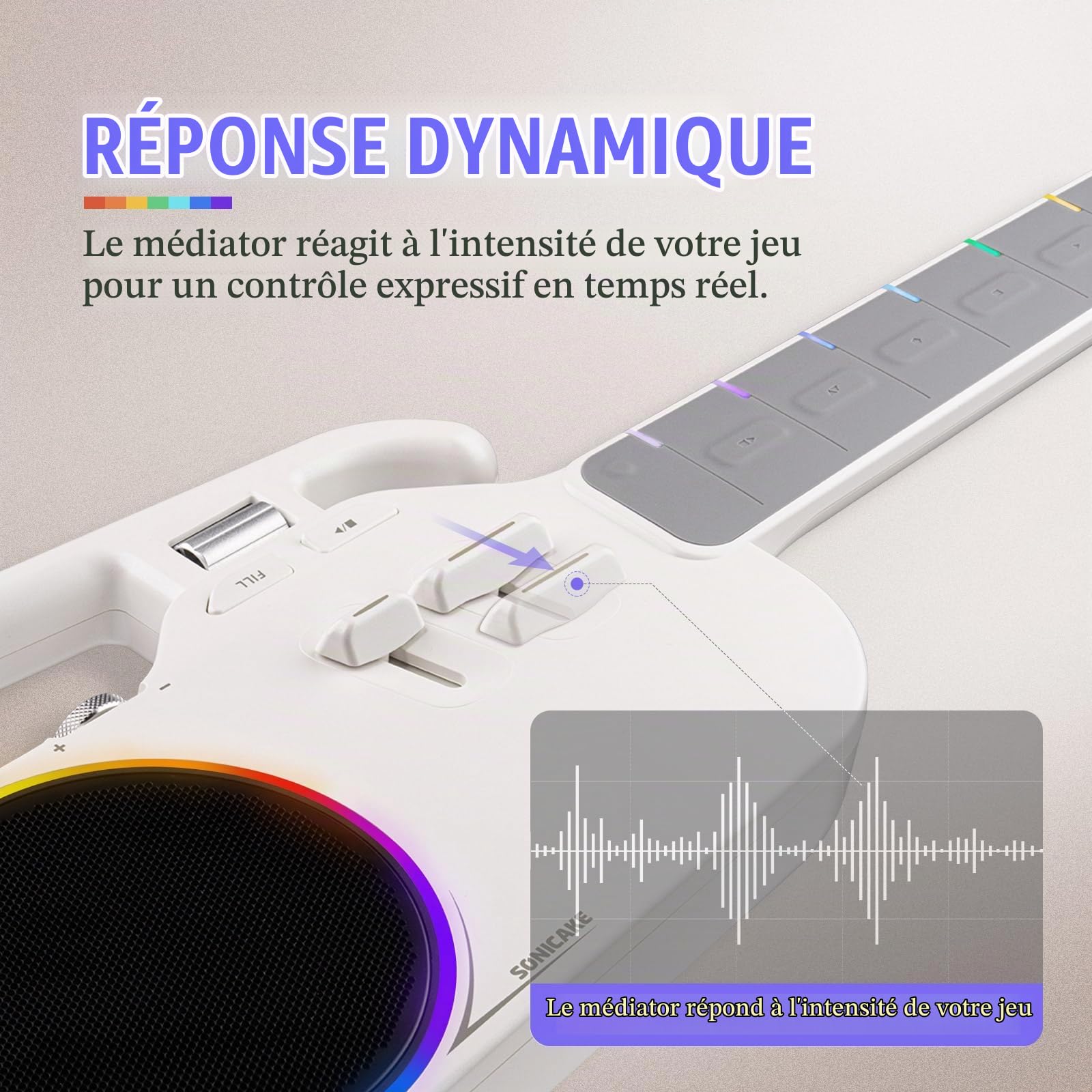 SONICAKE Guitare Intelligente Sans Cordes, Ukulélé Numérique à Manche Lumineux pour Débutants, Instrument de Voyage Portable avec Haut-Parleur BT 10W Intégré, Accompagnement Auto & App NeoUke