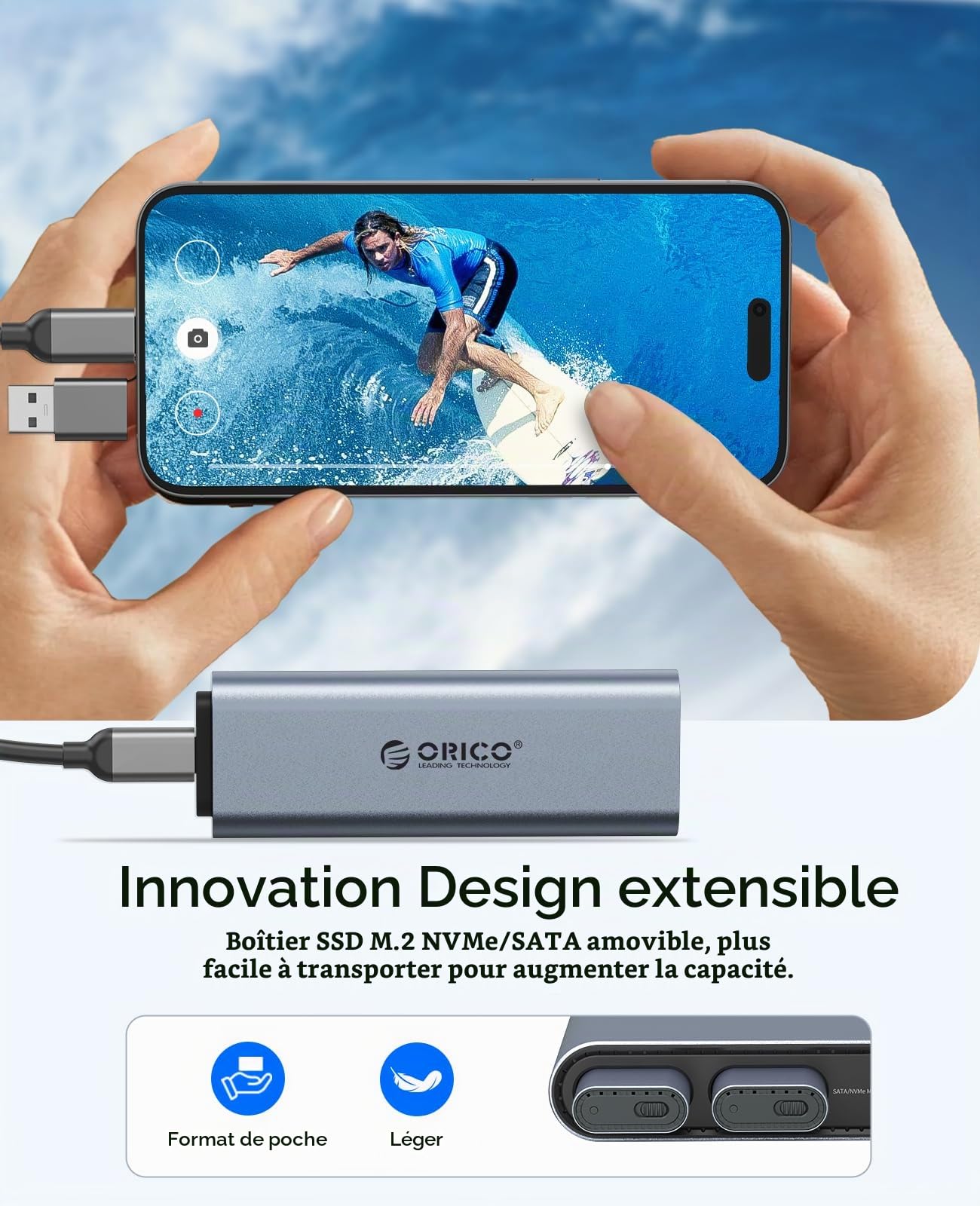 Station d'accueil ORICO 10-en-1 USB-C avec Double Boîtier SSD M.2 NVMe/SATA, USB 10Gbps, Double HDMI 4K@60Hz, PD 60W, RJ45 - pour MacBook Pro/Air (PTM2)