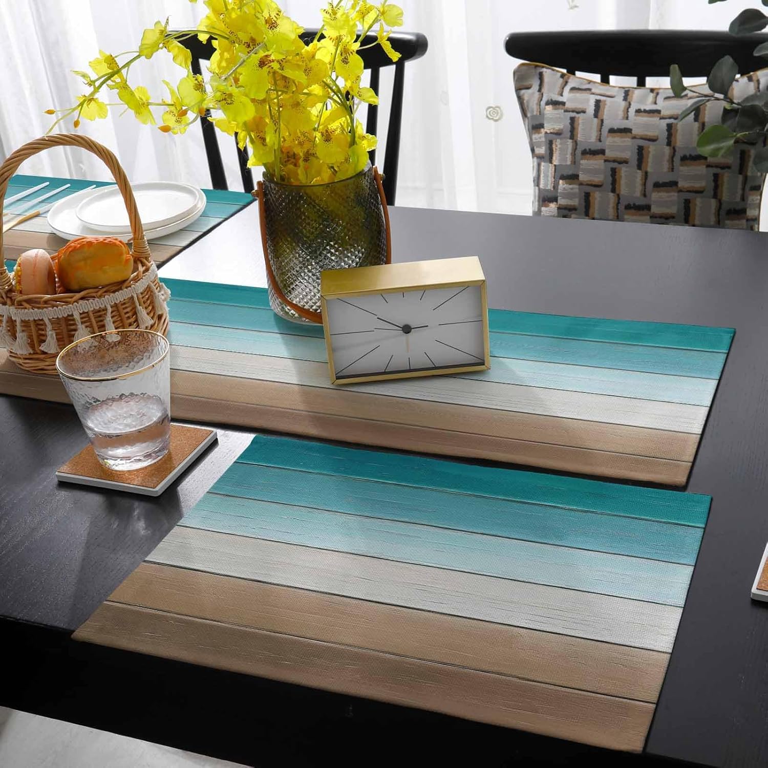 Teal Brown Table Runner and Placemats for Dining Tables,Burlap Coffee Table Runner 70 Inch Long Rustic Vintage Abstract Ombre Wooden Plank Washable Place Mats for Kitchen Party Placemats Set of 2