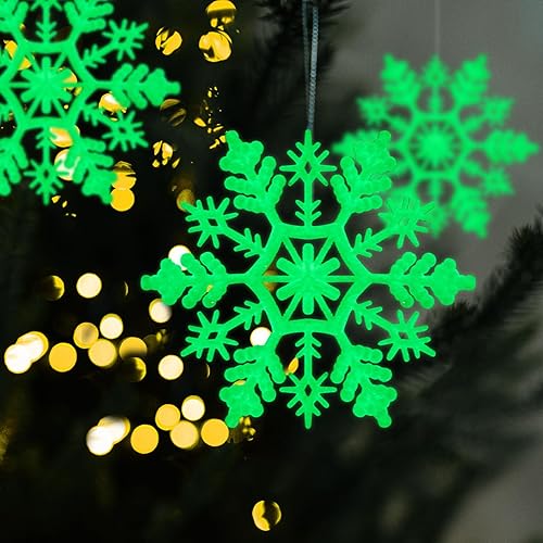 Miniatura 4 de AMS 30 adornos de plástico verde fluorescente de copo de nieve para decoración de árbol de Navidad (4 pulgadas3.937 in, verde fluorescente)