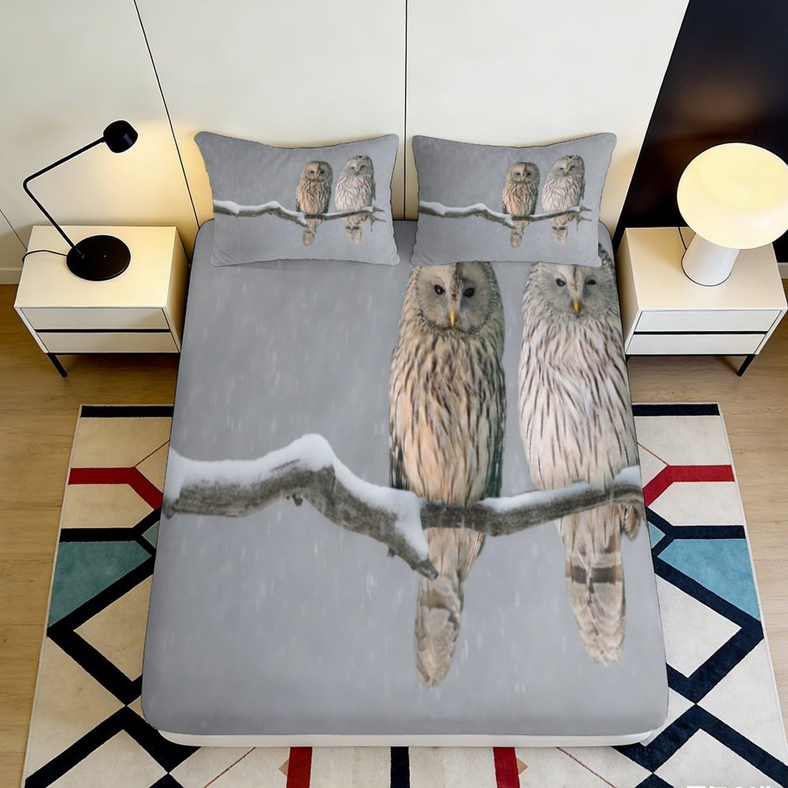 3D Printed Owl Branch Fitted Sheet Microfiber Anti-Slip Soft Grey Forest Bed Cover Bedroom Decor 90x200x25cm
