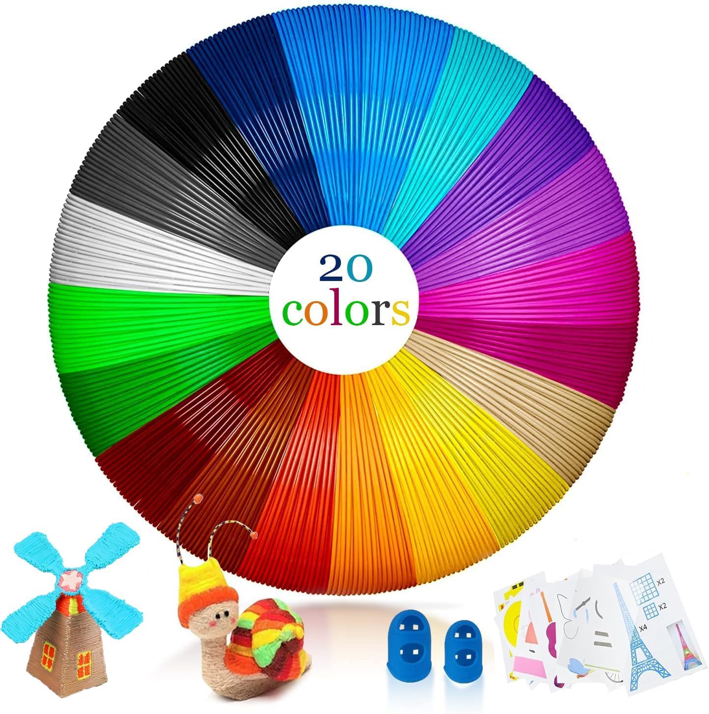 Filamento PLA para Bolígrafo 3D, 20 Colores Lapiz 3D 1,75mm Filamento, Recargas Boli 3D, Utilizado con MYNT3D, SCRIB3D, Saywe, yummici, Acdolf Pluma de Impresión 3D(Boli 3D no Incluido)