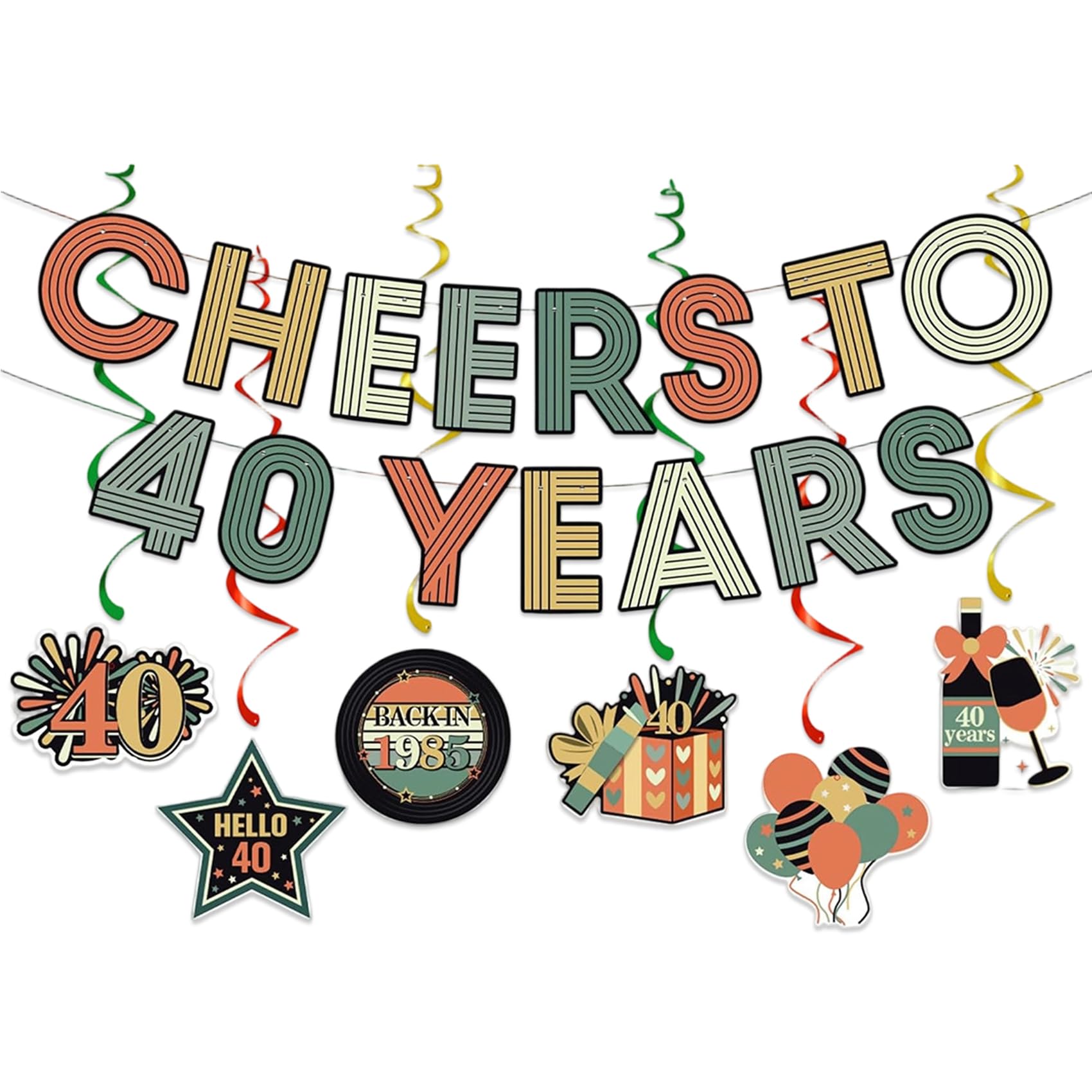 Nideen 40th Birthday Banner with Hanging Swirls, CHEERS TO 40 YEARS