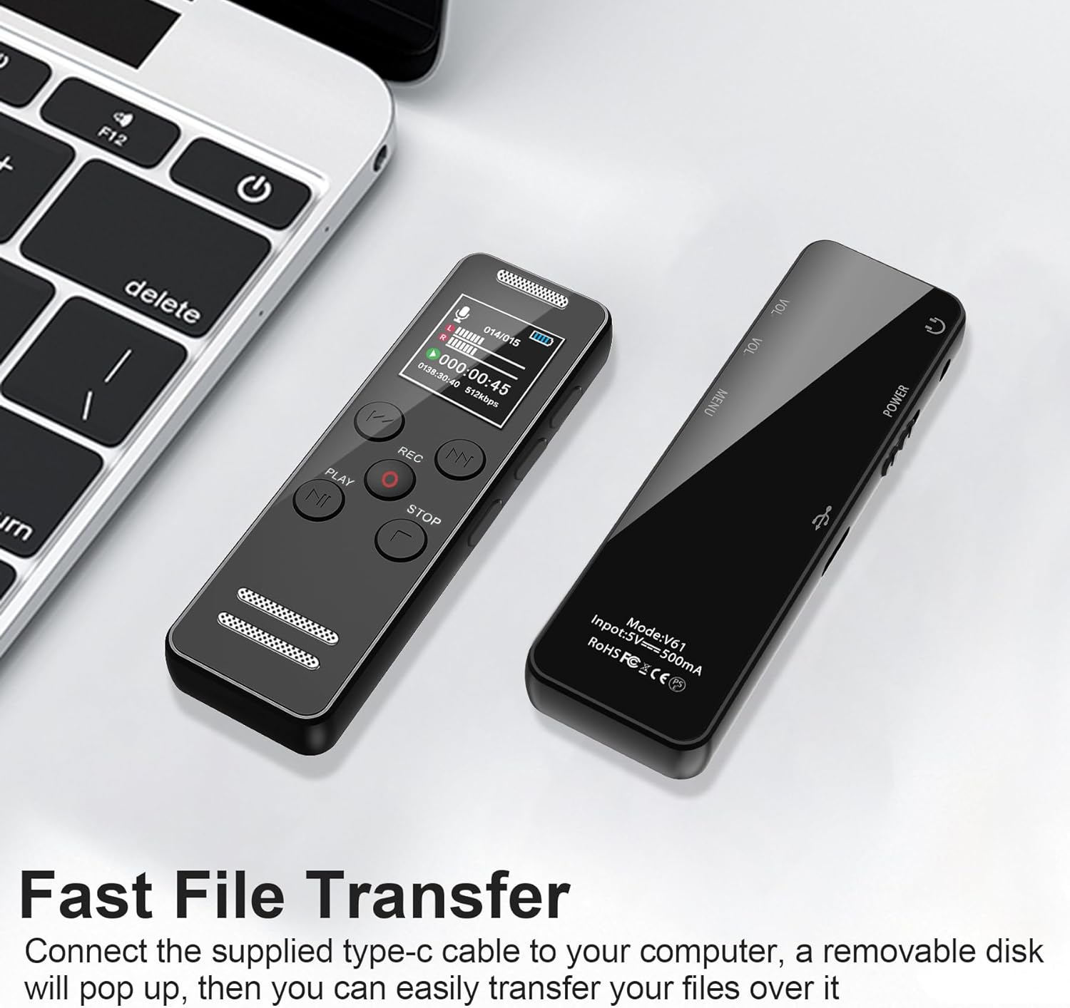 The QZT Digital Voice Recorder V61-2 connected to a laptop via USB-C cable, illustrating fast file transfer to the computer.