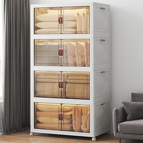 Contenedores de almacenamiento apilables de 640 cuartos de galón con tapas, paquete de 4 contenedores grandes plegables con ruedas, armario de