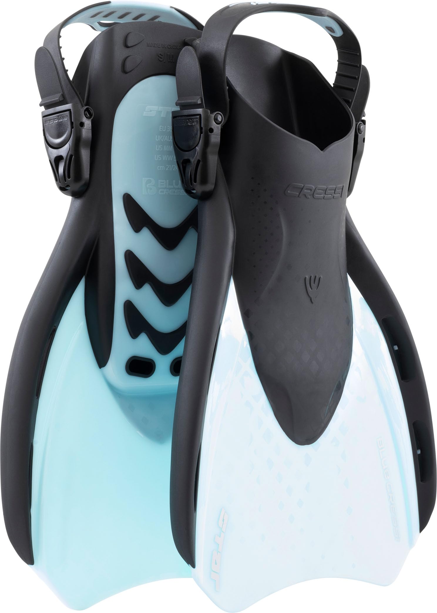 CRESSI since 1946 - Star Fins - Compact Adjustable Fin with a Powerful Vented Blade and a Comfortable Open Heel Foot Pocket - Black/Cyan - L/XL_EU 44/48 - Adults