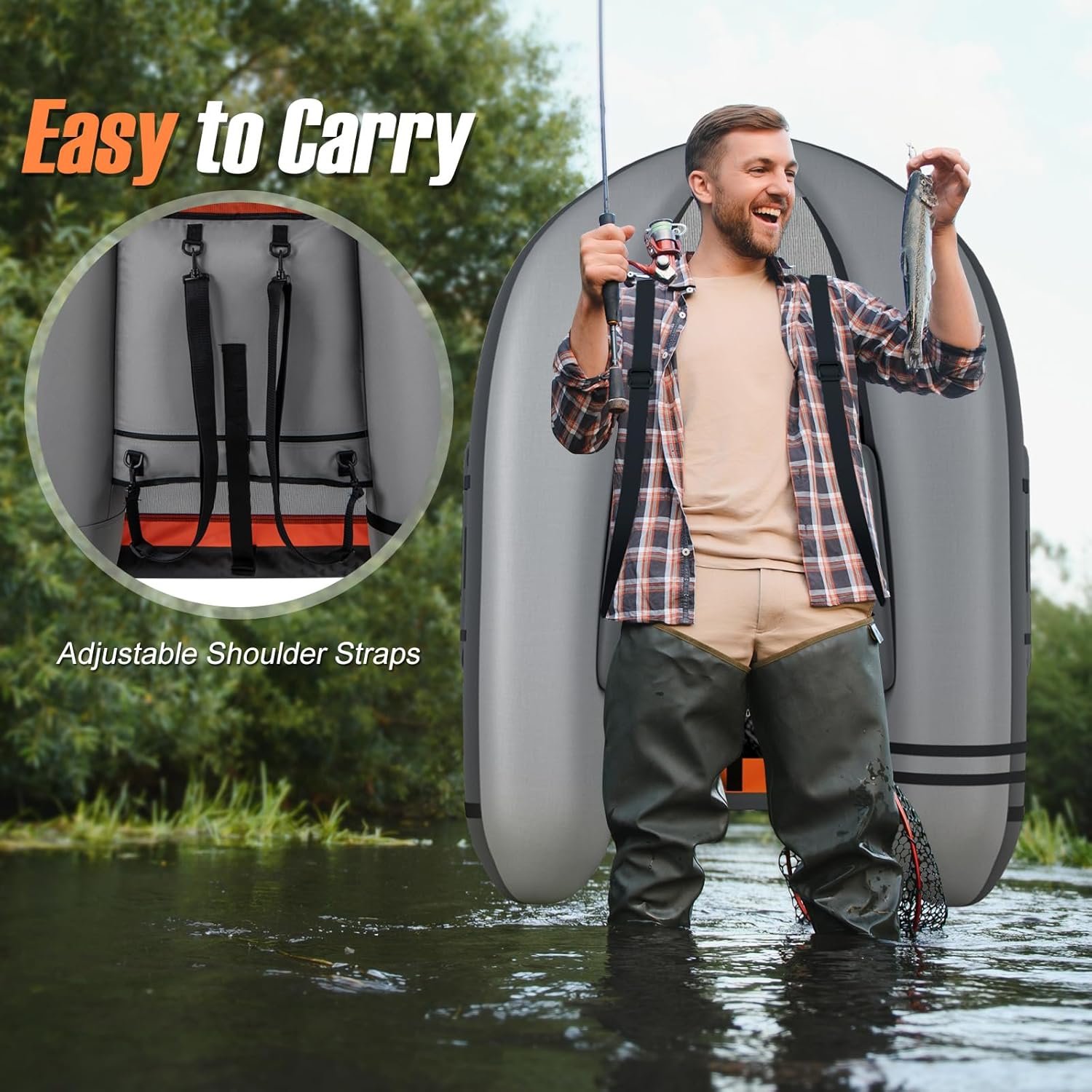 GYMAX Fishing Float Tube, 350lbs Inflatable Fishing Boat with Paddle, Pump, Flippers, Fish Hook Stators, Fish Ruler, Storage Pockets, Portable Backpack Belly Boat for Adults Fishing