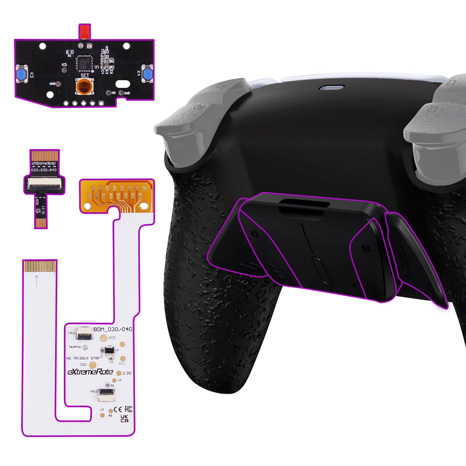 eXtremeRate Programowalny RISE4 Remap Kit dla ps5 BDM 030/040 Controller,Płyta Uaktualniająca&Tylna Powłoka&4 Powrót Przyciski dla ps5 Controller(Bez Controller)-Teksturowana Czarny