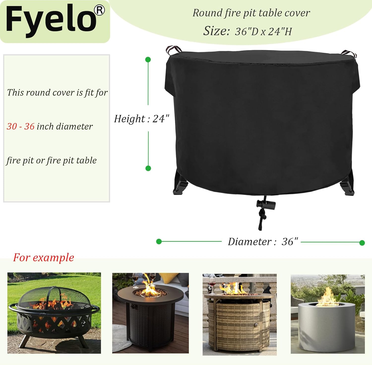 Round Fire Pit Cover 36" Dia X 24" H, 600D Strong Tear Resistant, Waterproof & UV Resistant Outdoor Cover, Fit for 33",34" ,35",36" Round Gas Firepits, Fire tables or Fire bowls, Black