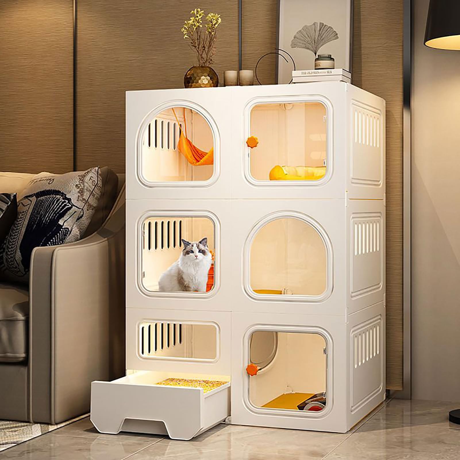 JingNian Gabbia per Gatti di Grandi Dimensioni A 2/3 Livelli con Lettiera, Gabbia per Gatti Fai da Te, Gabbie per Gatti da Interno con Lettiera(Size:71 * 46.5 * 106cm)