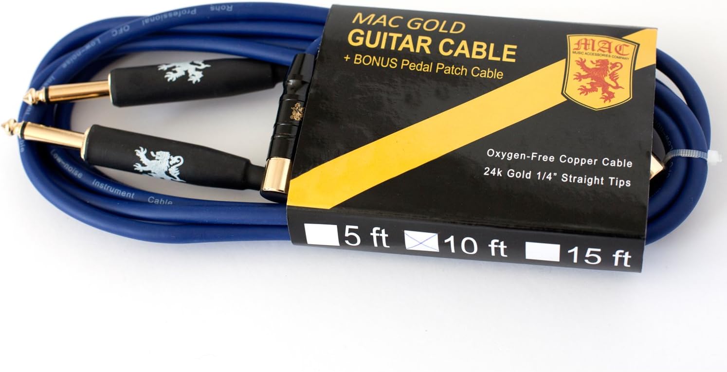 Guitar Instrument Cable. 100% Oxygen-free Copper, 24k Gold Tips, 1/4 to 1/4 Straight Ends