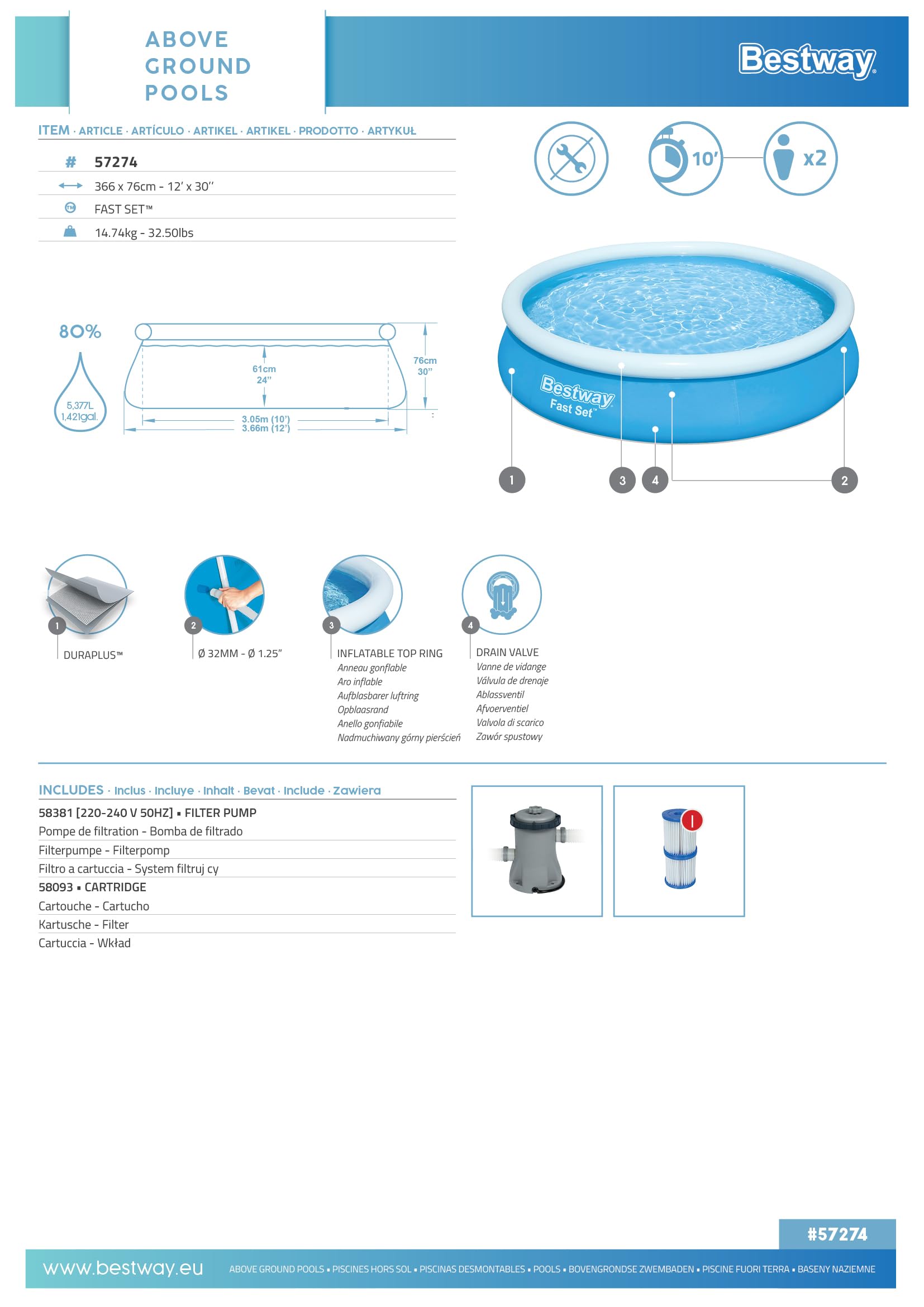 BESTWAY Kit Piscine ronde autoportante O3,66 x H0,76m
