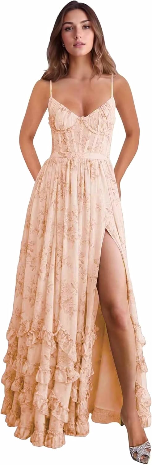 V-Neck Chiffon Floral Printed Bridesmaid Dresses with Slit for Women Long Spaghetti Straps Ruffle Wedding Guest Dress