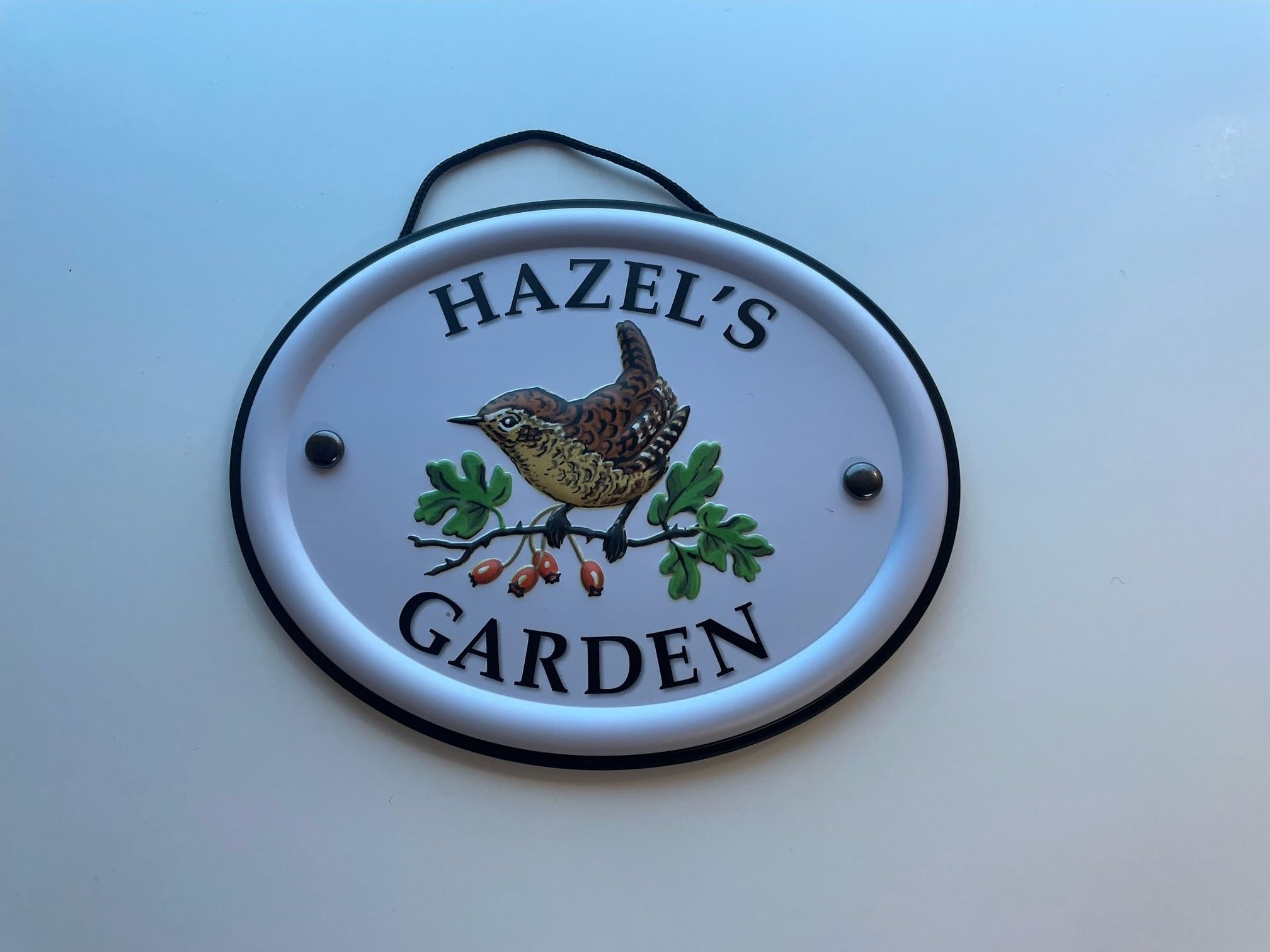 Personalised Embossed Metal Garden Sign 12x15cm – British Bird Design – Outdoor Decorative Hanging Garden Plaque – Weatherproof Metal Sign for Garden Walls Fences or Sheds (Hazel)
