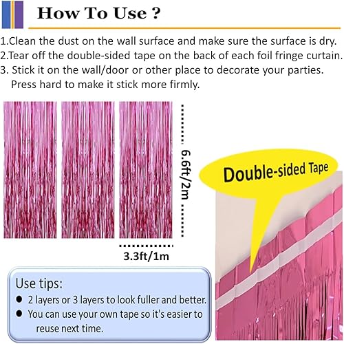 Miniatura 4 de Paquete de 3 cortinas de fondo de plástico con flecos de oropel rosa de 3.3 x 6.6 pies para decoraciones de fiesta de cumpleaños de Halloween 2024