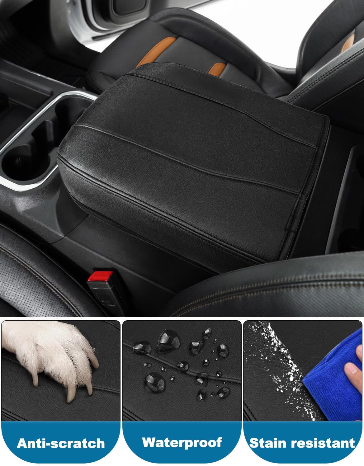 Center Console Armrest Cover for Chevy Silverado & GMC Sierra 2019-2026, Yukon & Tahoe & Suburban 2021-2026, Floor Console Bucket Seat Only, Vinyl Middle Console Cover, Scratchproof, Black