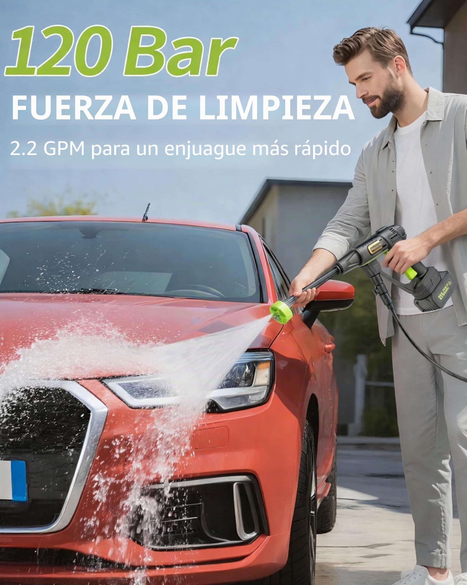 Hidrolimpiadora Bateria No Incluidas, 120 Bar Hidrolimpiadora de Alta Presion con Motor sin Escobillas, 3 Niveles Ajustables, Hidrolimpiadora para Limpieza de Autos y Jardines