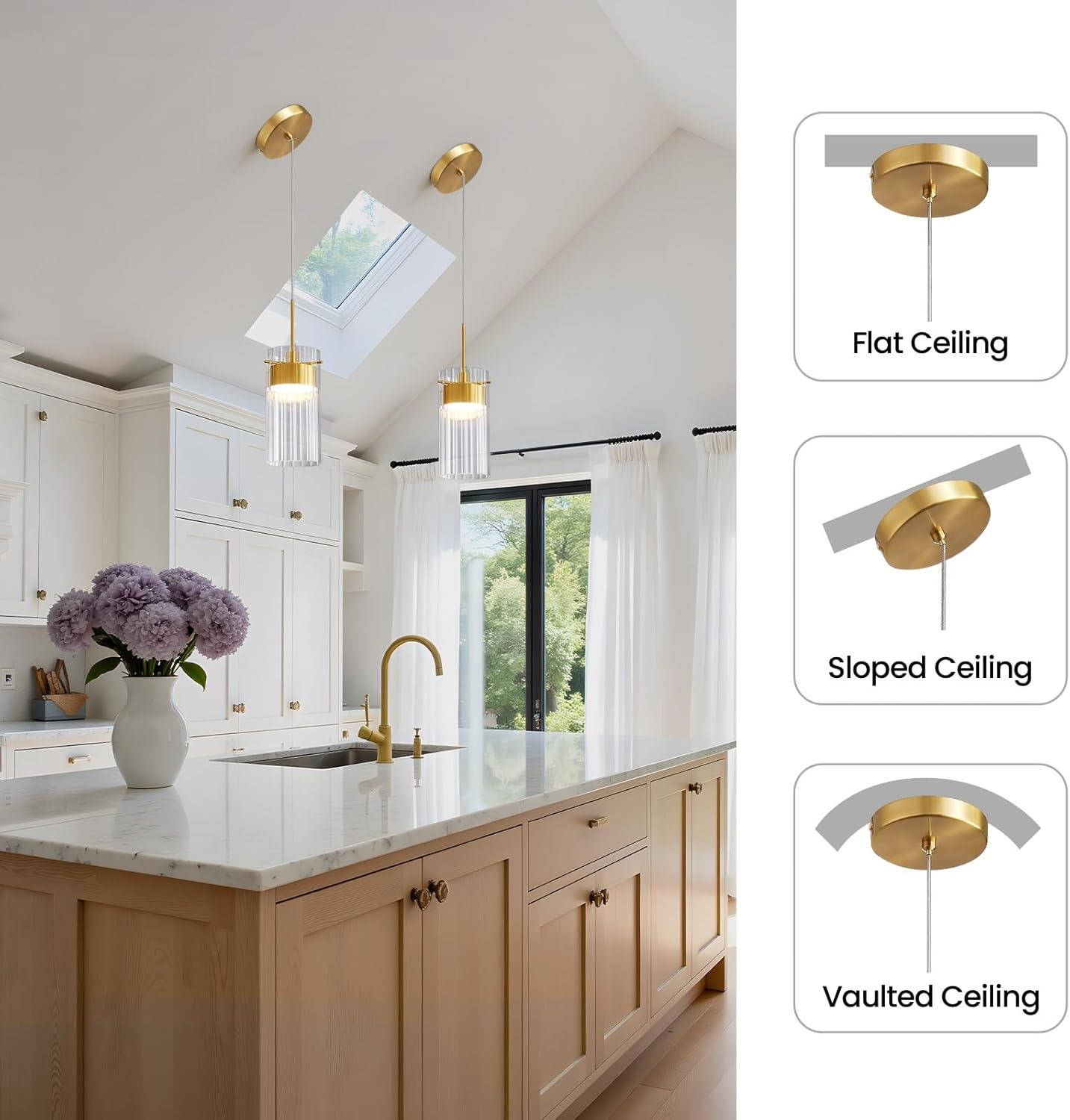 Modern Pendant Lights Kitchen Island with Built-in LED Light, Brushed Gold Glass Pendant Light Fixtures, Adjustable Hanging Light for Dining Room Bedroom Bar (3 Pack)