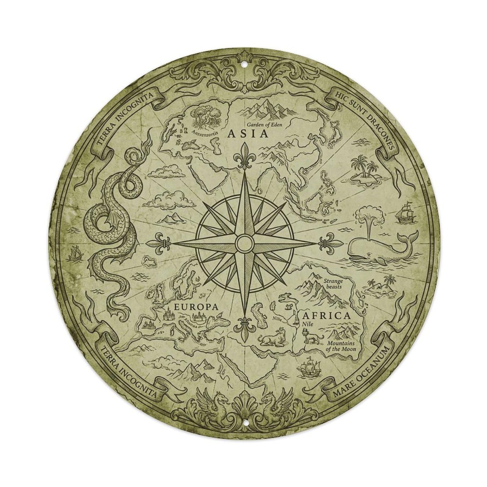 Vintage Nautical Compass World Map Ancient Cartography Metal Tin Sign