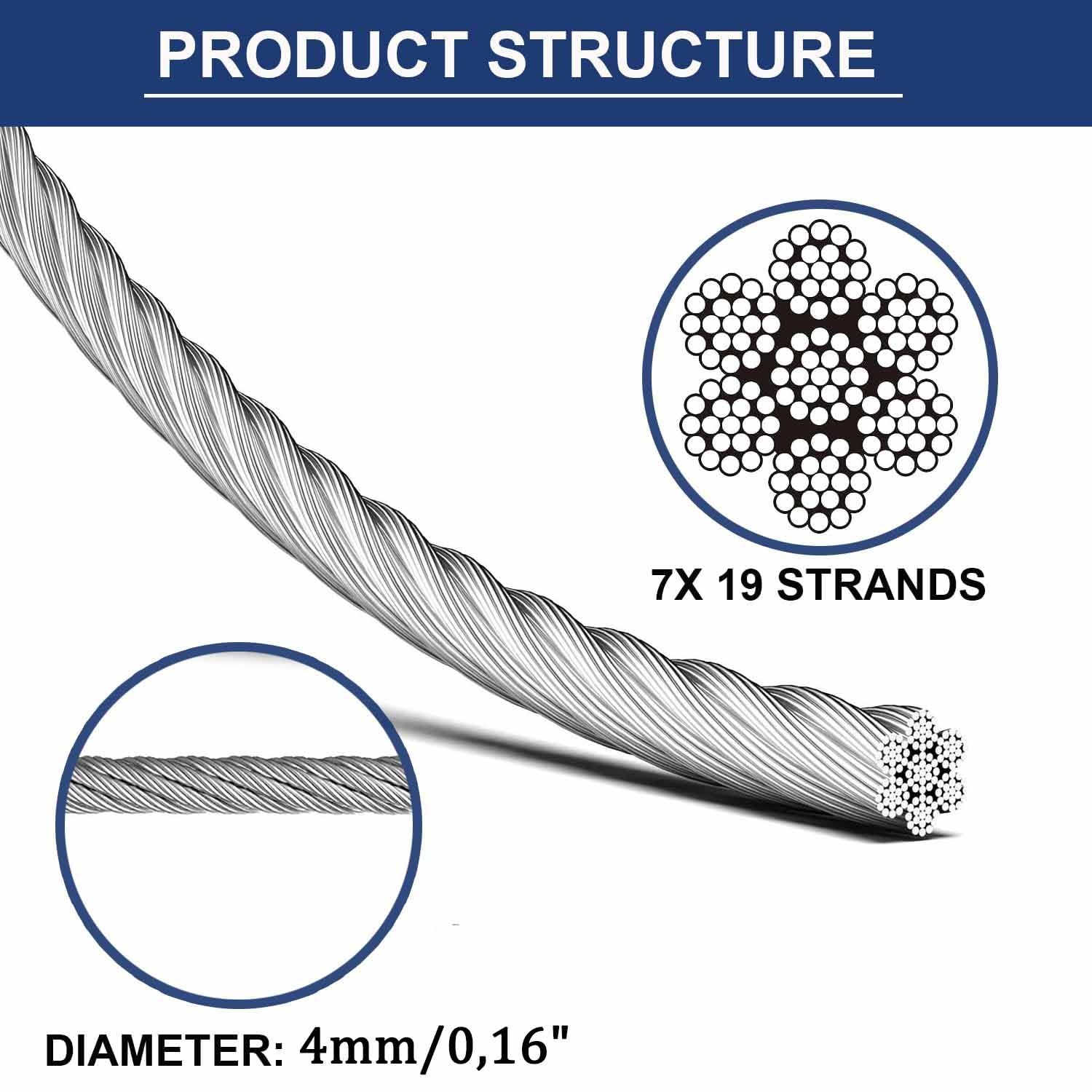 Fune Cavo Metallico dell'Acciaio Inossidabile, Anima A Trefoli 7x19 Corda di Sicurezza per Balcone 4mm/0,16", Corda Flessibile in Acciaio Inossidabile(20m)