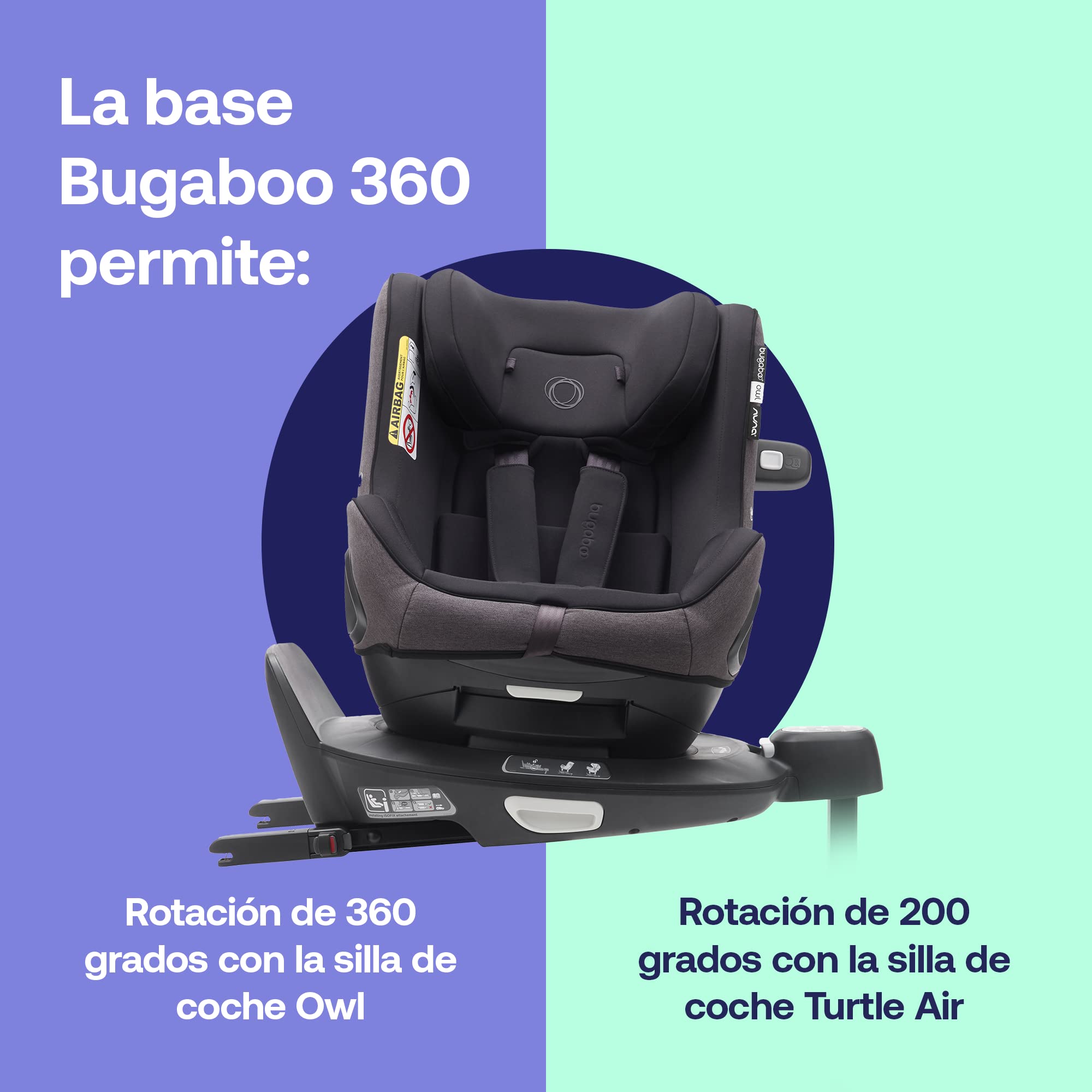 Bugaboo Base giratoria ISOFIX 360 by Nuna para Sillas de Coche Owl y Turtle Air, de 0 a 4 años o de 0 a 18 kg, Posición de Asiento hacia Atrás y hacia Adelante e Instalación Segura