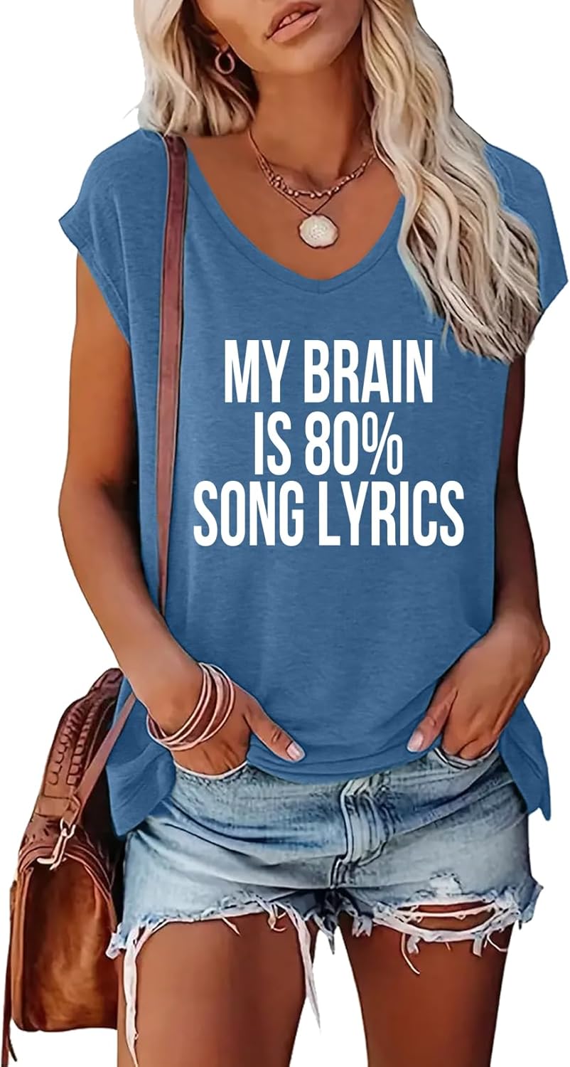 BLACKOO Women's V-Neck Graphic Tees My Brain Print Tops