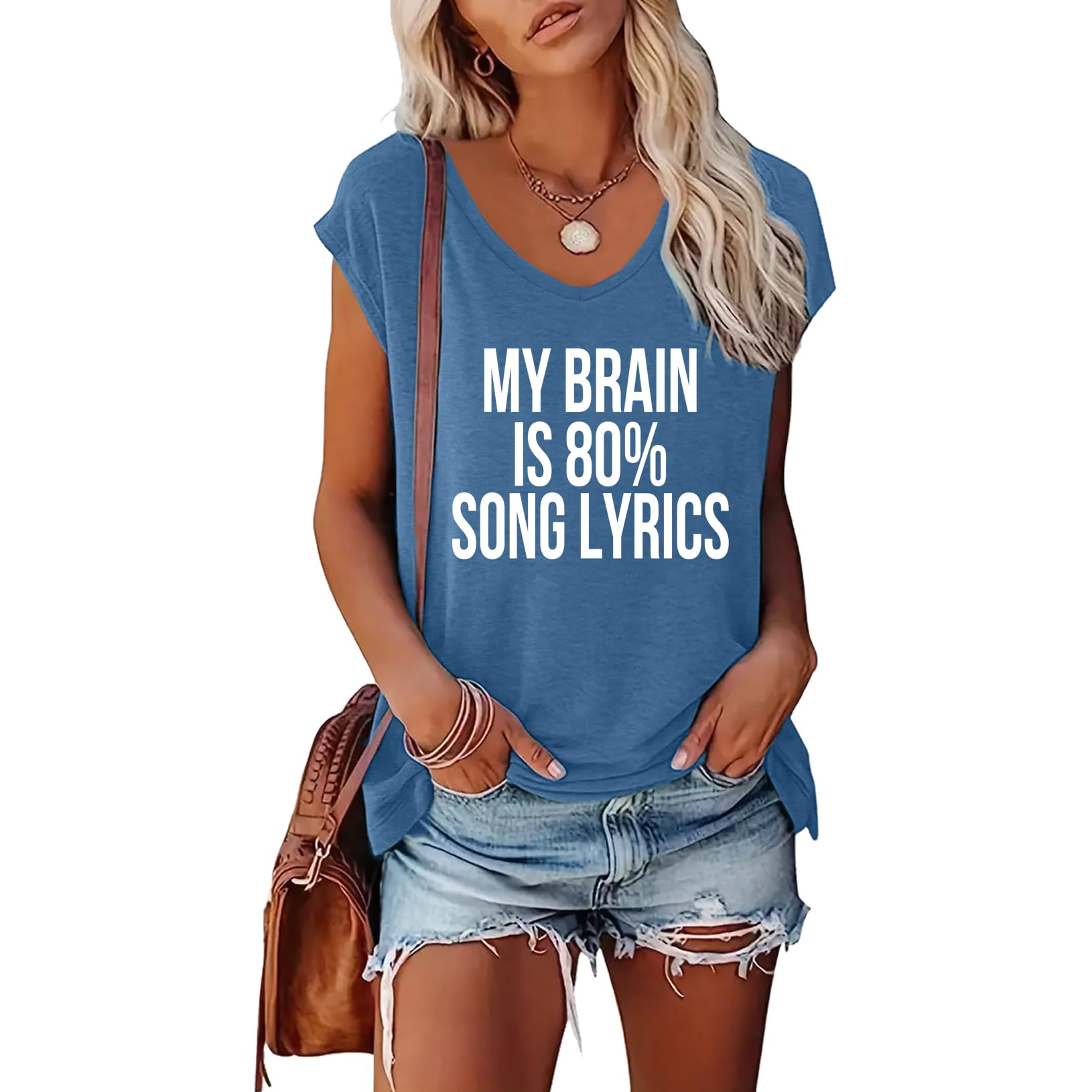 BLACKOO Women's V-Neck Graphic Tees My Brain Print Tops