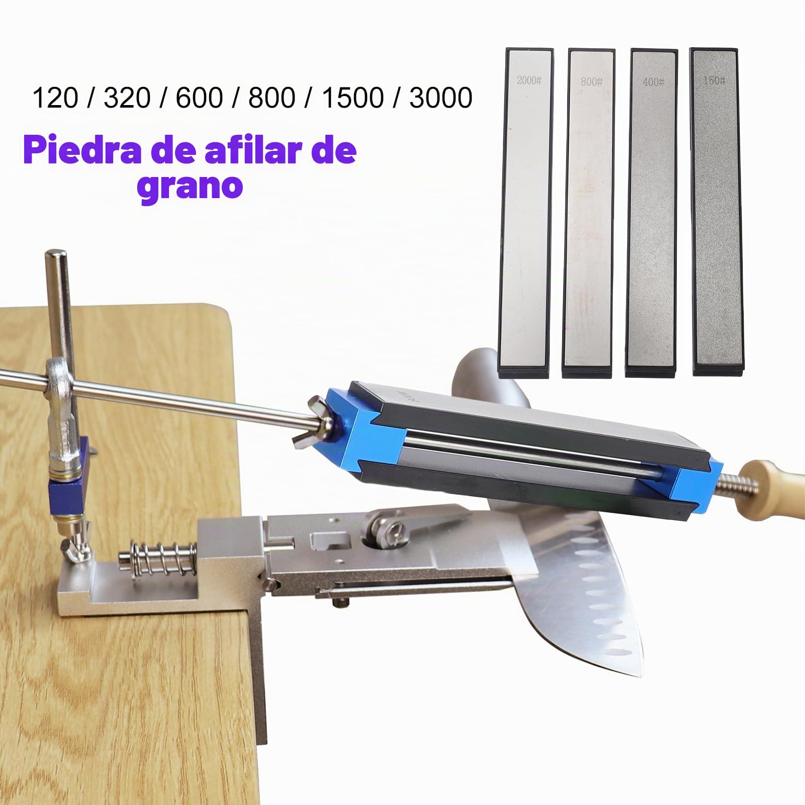 Fockety Afilador de Cuchillos, de Afilado de Cuchillos Guiado por Rotación de 360° con Piedras de Afilar de Diamante de Grano 150 400 800 2000, Kit de Afilado de (Con 4 piedras de afilar de diamante)