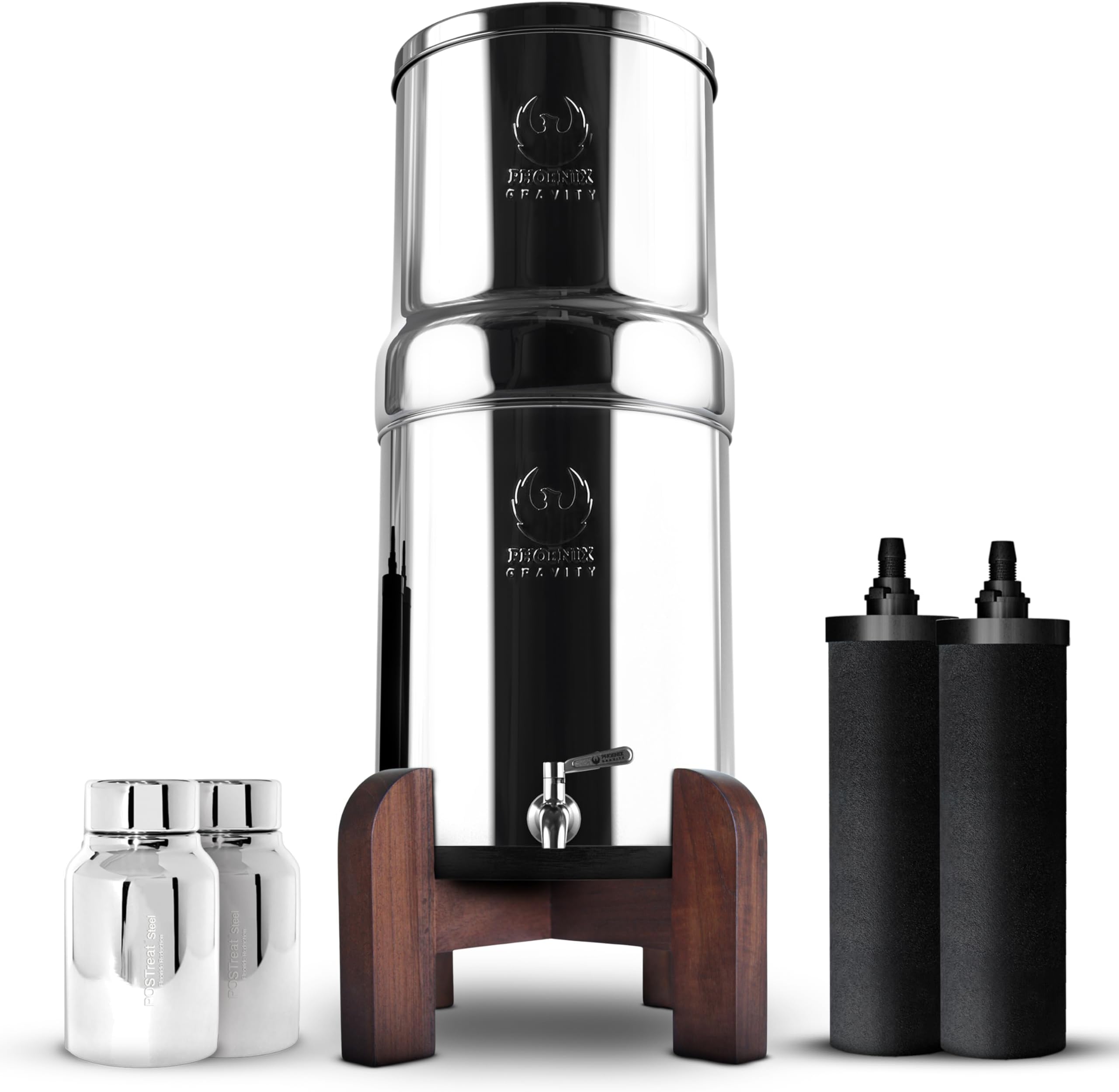 PHOENIX GRAVITY 8 Liter NSF Certified AISI 304 Stainless Steel Water Filter with 2 Smart Carbon Cartridges, 2 POSTreat Fluoride Removal Filter Cartridges, Stainless Steel Tap & Teak Wood Stand