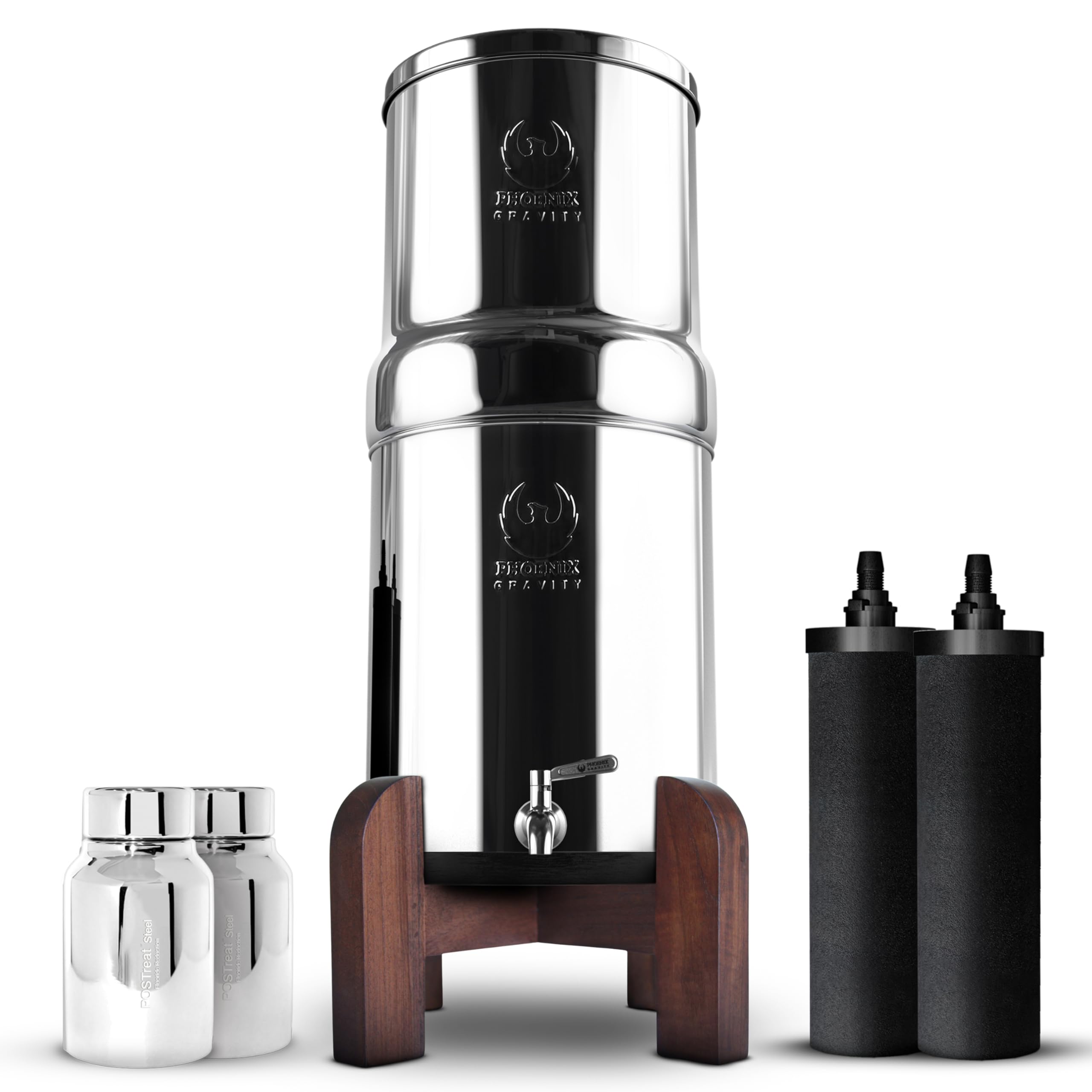 PHOENIX GRAVITY 8 Litre NSF Certified AISI 304 Stainless Steel Water Filter with 2 Smart Carbon Cartridges, 2 POSTreat Fluoride Removal Filter Cartridges, Stainless Steel Tap & Teak Wood Stand