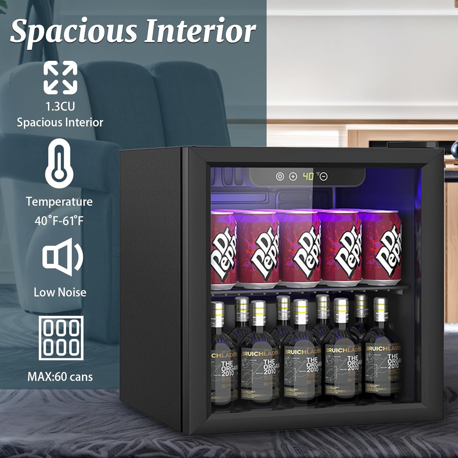 DOGHLY 1.3 Cu.ft Beverage Refrigerator Cooler, 60 Cans Mini Fridge with Glass Door, and Temperature controllable switch for Soda, Beer or Wine For Office or Bar with Removable Shelves