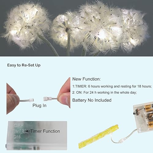 Miniatura 4 de TOPIA Flores artificiales de diente de león con luces LED con temporizador, flores artificiales de diente de león para deseos, flores artificiales
