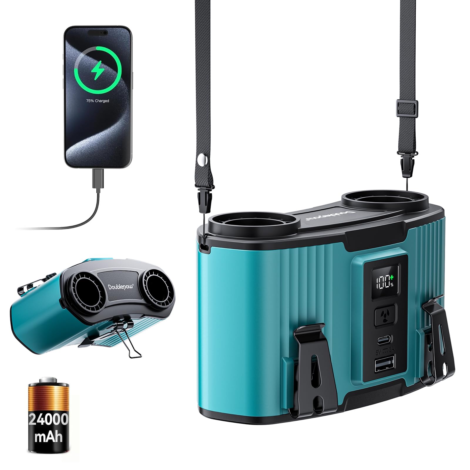 Ventilateur portable Doublepow double conduit d'air pour travailler au frais 45h