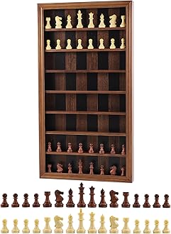 Giant Wall Mounted Board Game Wooden Chess Game Set with A Complete Set of Carved Chess Pieces Vertical Display Cabinet for Home Games Hanging Art Home Decoration (Burnt Color)