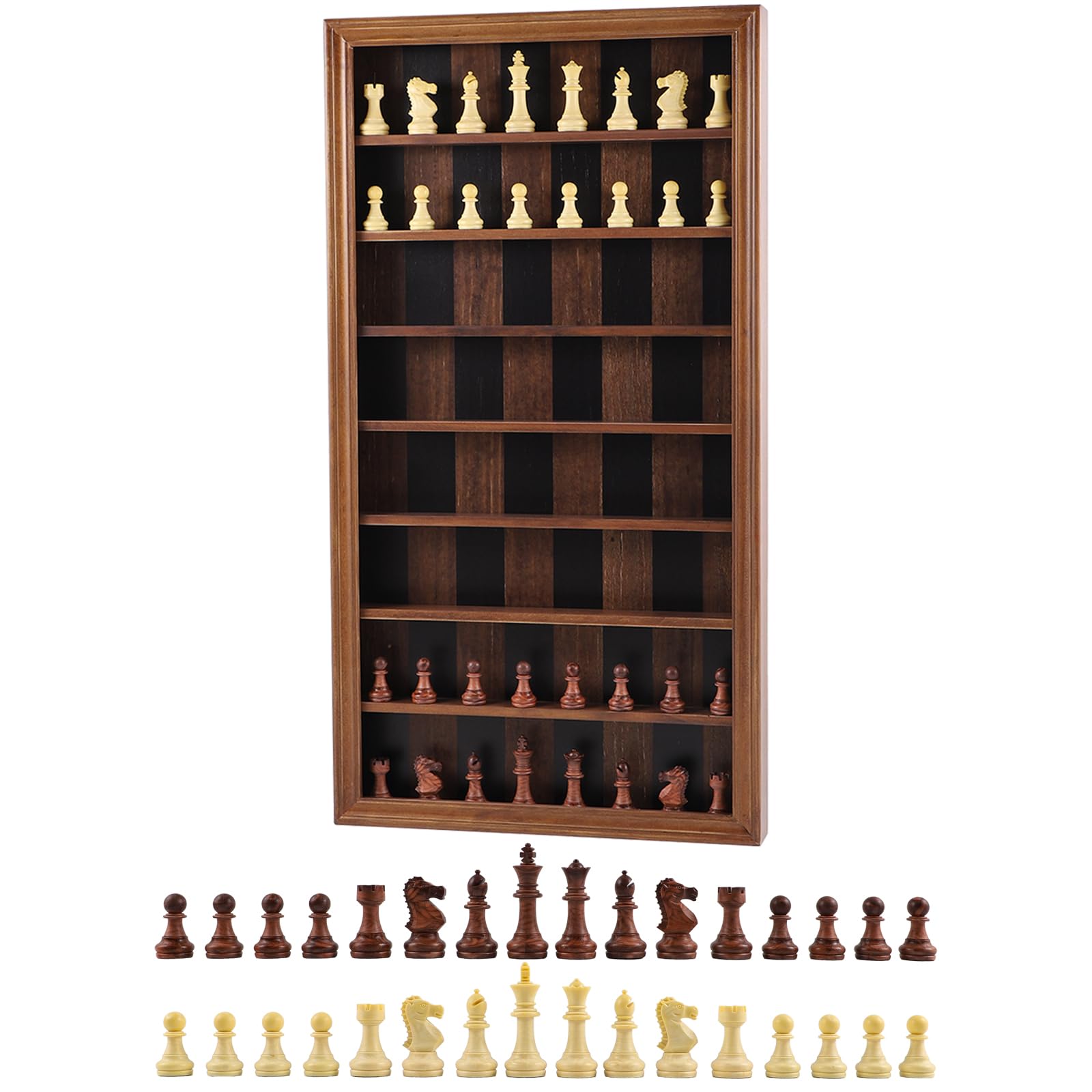 Giant Wall Mounted Board Game Wooden Chess Game Set with A Complete Set of Carved Chess Pieces Vertical Display Cabinet for Home Games Hanging Art Home Decoration (Burnt Color)