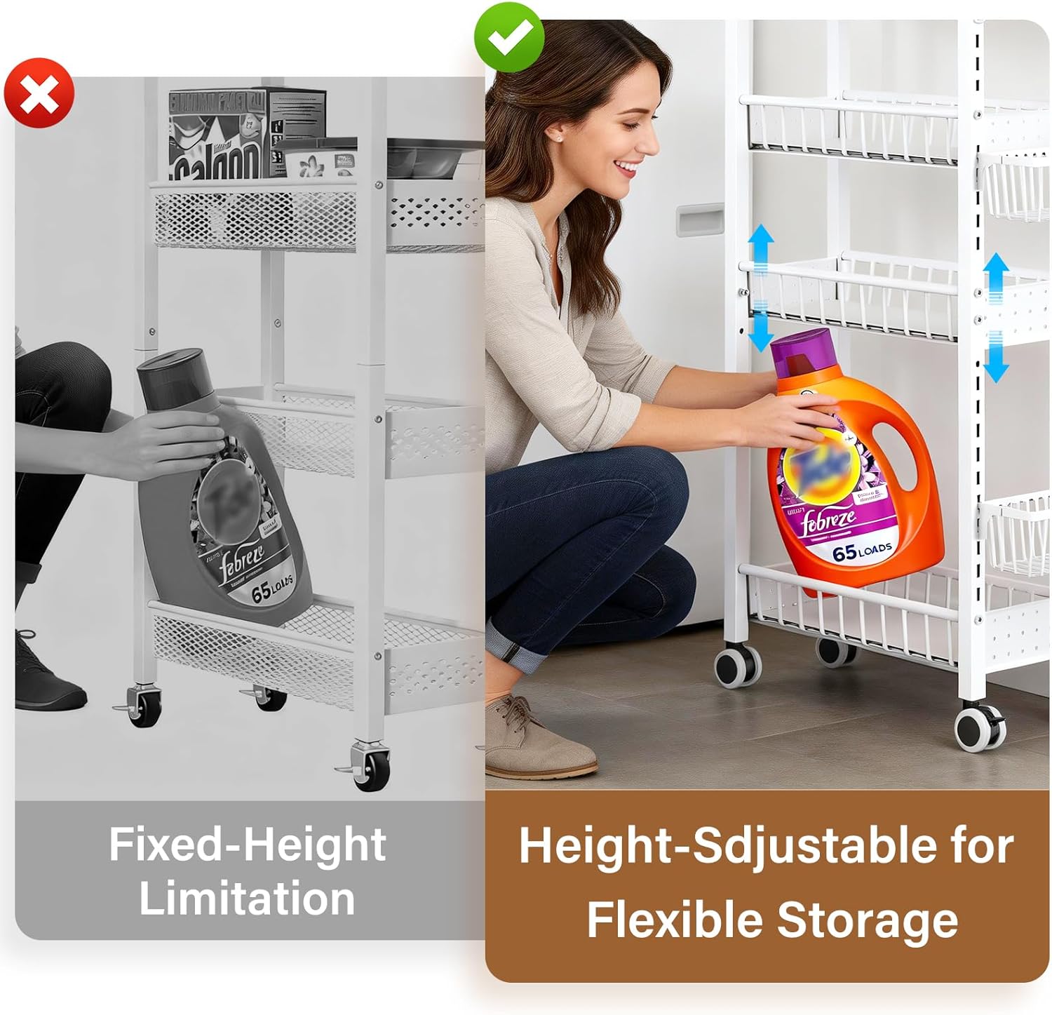 7.8 Inch Ultra-Slim 4-Tier Rolling Storage Cart with Adjustable Shelves - Lockable Wheels & Wooden Top for Narrow Spaces Between Washer/Dryer, Bathroom, Kitchen Organization (White)