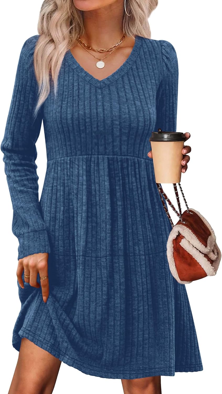 SAMPEEL Womens V Neck Long Sleeve Fall Dresses Baby Doll Casual Sweater Dress Fashion Clothes