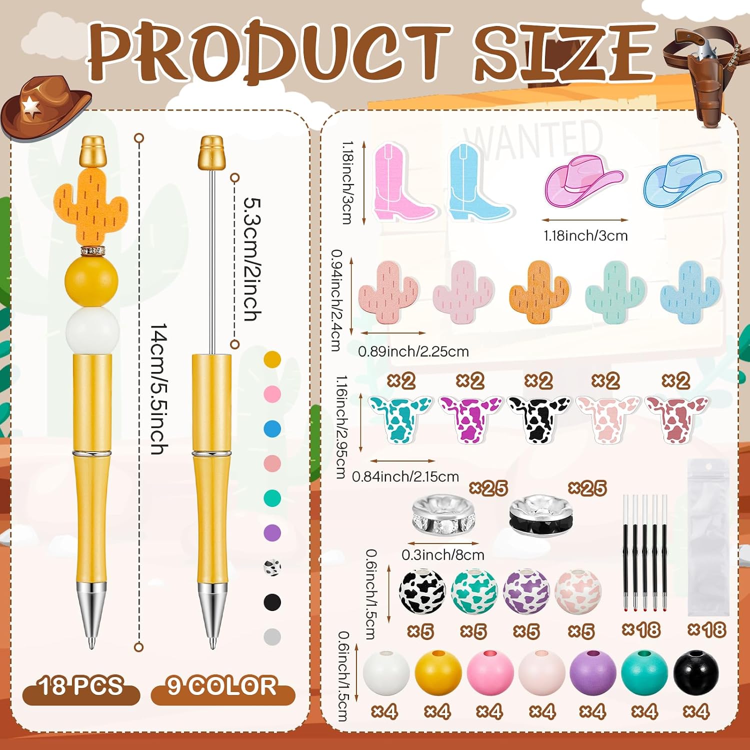 Geelin 18 Set Cow Print Beadable Pens Assorted Beadable Pens Kit 18 Pcs Refills 112 Pieces Cow Themed Wooden Beads and 18 Pcs Packing Bags for Adults School Office Supplies
