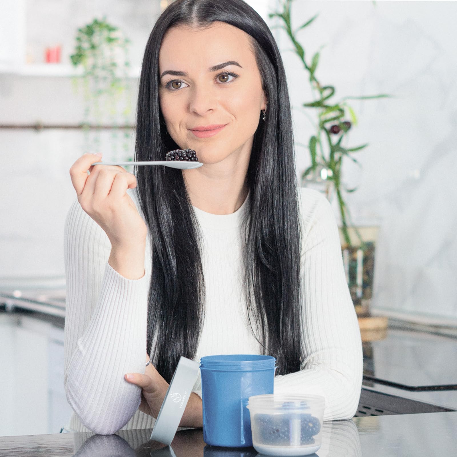Vaso de Yogur y Cereales para Llevar 2 en 1, Recipiente Práctico con Cuchara, Taza de Yogurt To Go a Prueba de Fugas, Ideal para Picnic, Almuerzo y Ensalada (Azul)