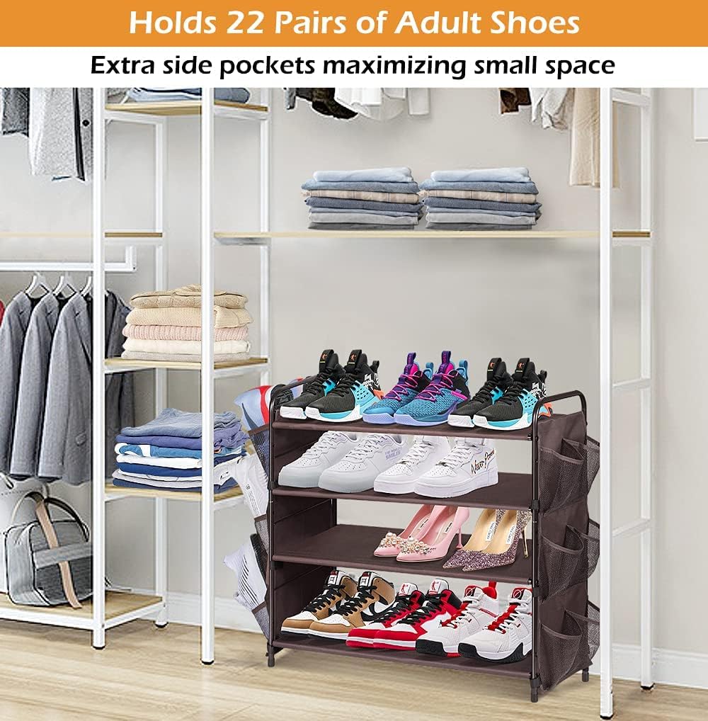 MISSLO Small 4 Tier Closet Shoe Rack with 12 Mesh Side Pockets Sturdy Storage Shelf Entryway Organizer for Bedroom Floor, Bronze