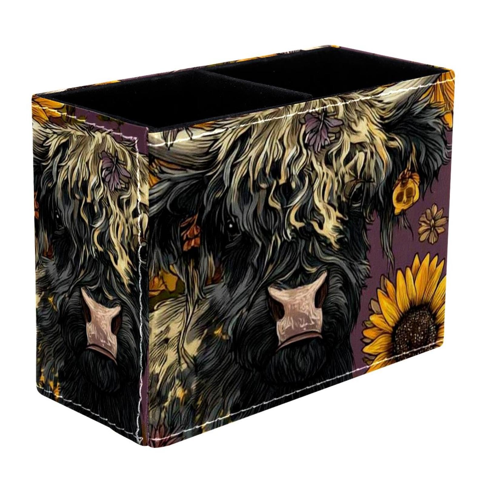 sanfly fish Watercolor Sunflower Yak Pen Holder for Desk, Pencil Holder with 1 Compartments, Leather Pencil Cup, Desktop Organizer and Accessories for Office