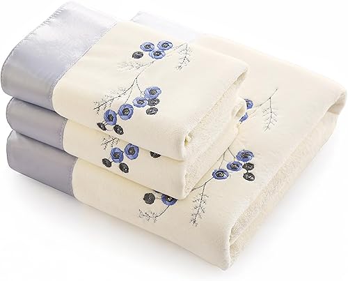 Juego de 2 toallas y 1 toalla de baño blanca y azul bordada