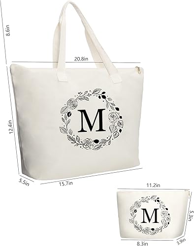 Miniatura 3 de Bolsa de lona personalizada con inicial con cremallera, bolsa de regalo con bolsillo interior y bolsa de maquillaje, gran regalo para mujeres, mamá,