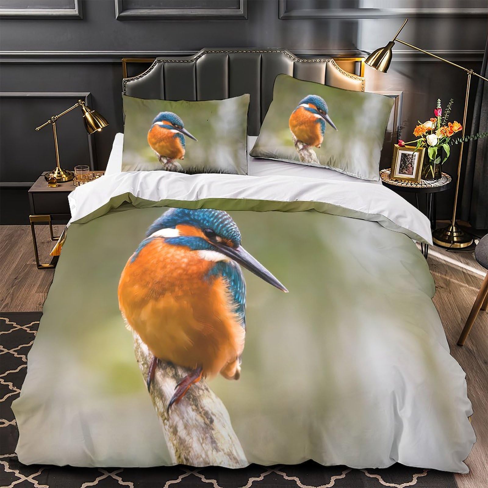 Housse de couette 260x220 martin-pêcheur faune sauvage drap microfibre 3 pièces