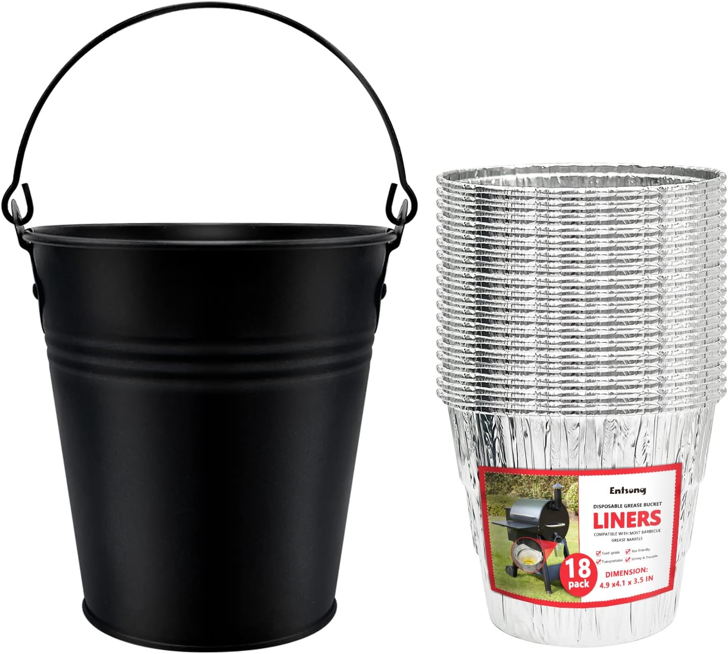 Entsong 18 Pack Drip Grease Bucket Liners Compatible with Traeger Pellet Grill HDW152, Oklahoma Joe's, Z Grill, GMG & BBQ Grills, with 1 Drip Bucket Replacement Parts, Black Bucket & 18 Liners