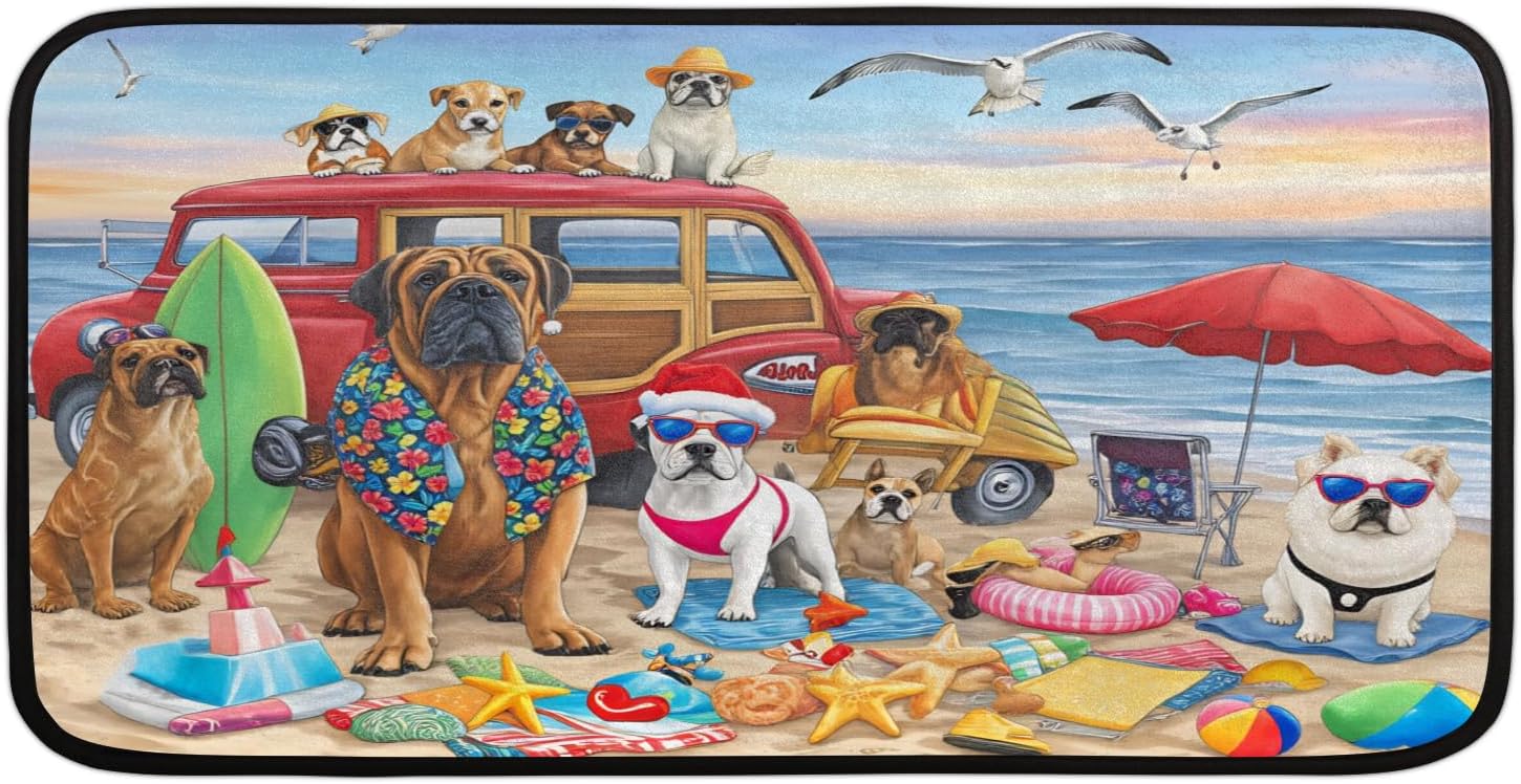 Kitchen Rugs, Funny Dog Summer Beach Anti Fatigue Mats，Water Absorbent Rug with Anti-Skid Backing for Farmhouse Home Kitchen/Office/Bathroom, Decorative Washable Floor Mats 39''x20''