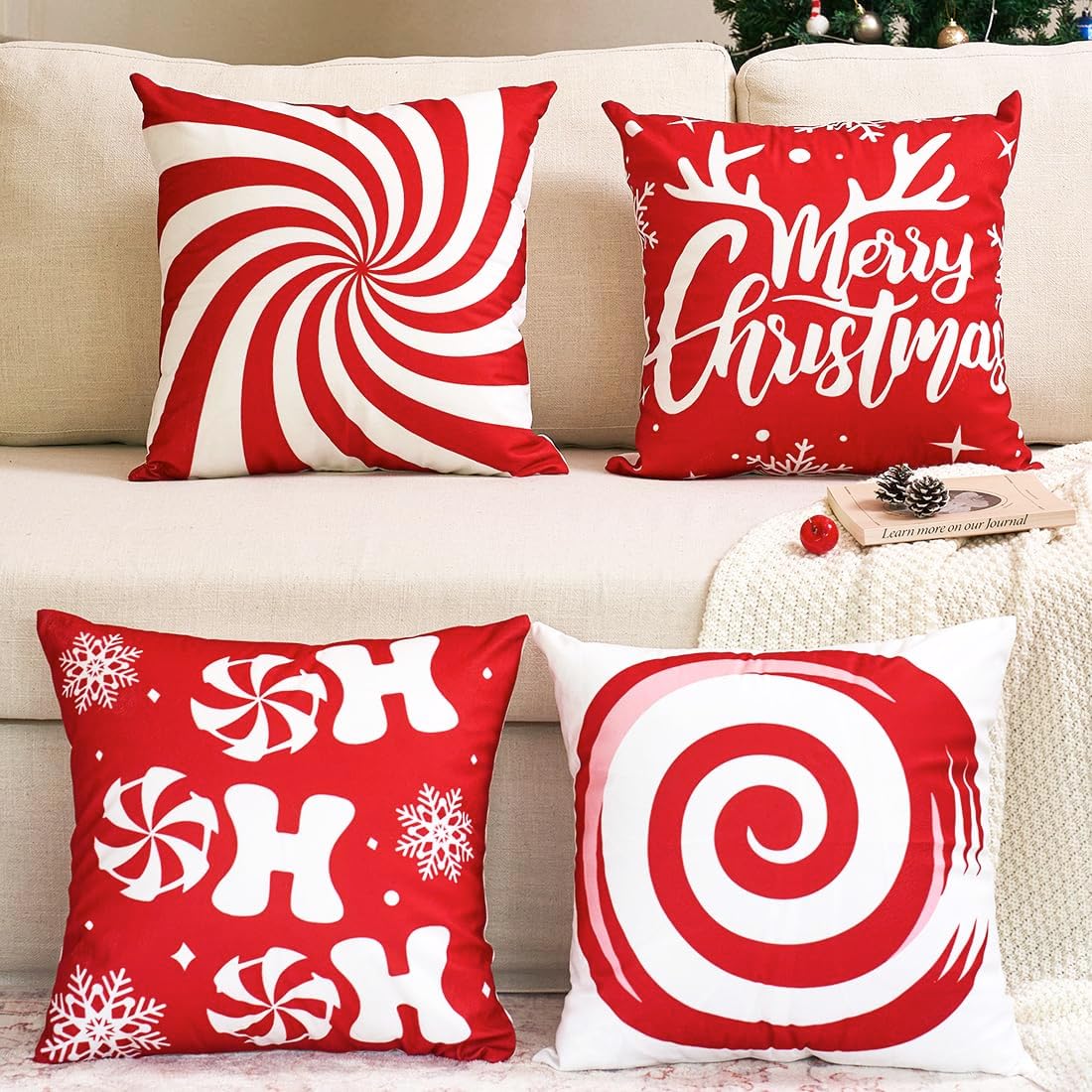 JOJOGOGO Red Candy Cane Christmas Decorations Throw Pillow Covers 18x18 Set of 4, 18 x 18 Snowflakes Christmas Winter Holiday Pillow Covers for Bed Sofa Couch and Farmhouse Indoor Xmas Decor Pillows
