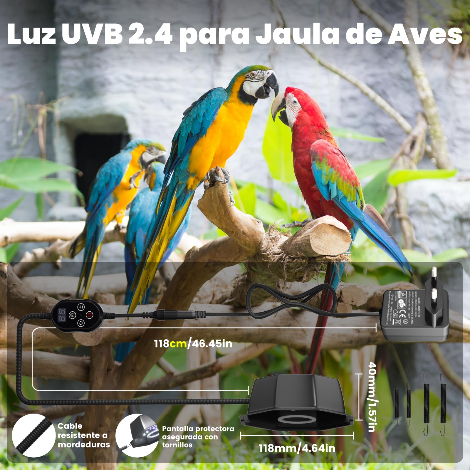 GlowUp Lámpara para Aves UVB 2.4 10W, Luz LED de Espectro Completo para Aves con Cable Resistente a Mordeduras, Dispositivo Octogonal Regulable para Jaula con Enchufe EU para Loros, Cacatúas
