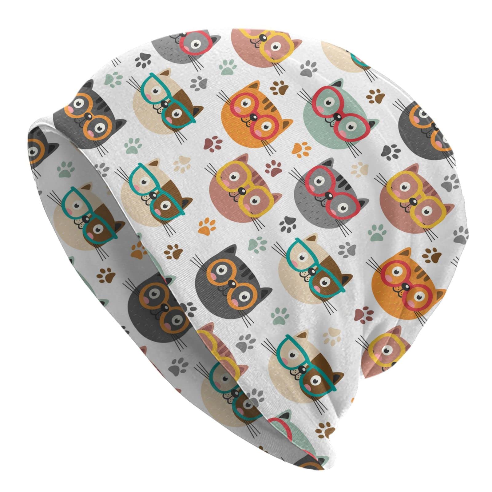 Zerosevenee Unisex Cute Cat With Paw Beanie Chemo Hat Cancer Headwear Knitted Hats Baggy Slouchy Scarf Cap For Adults