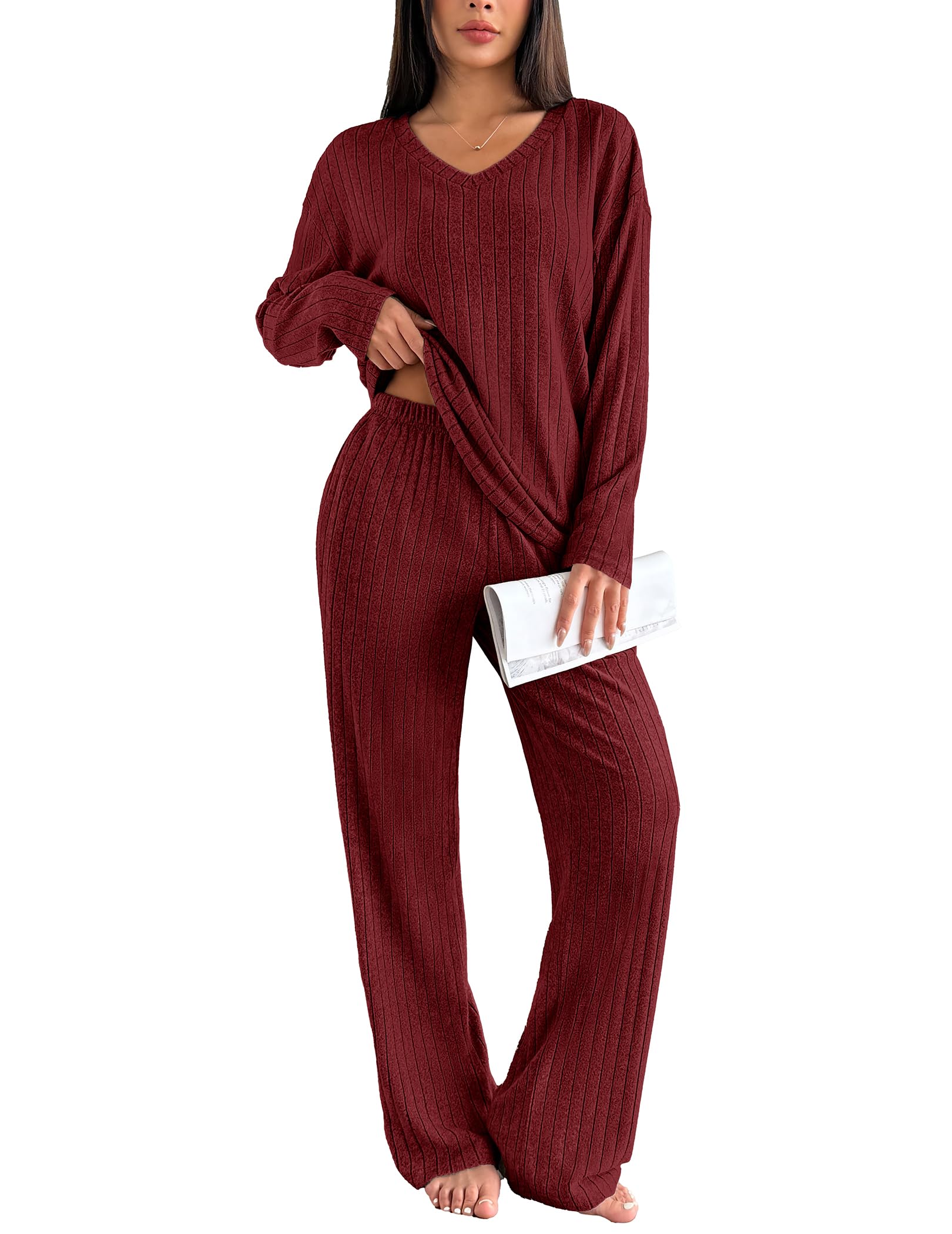 Ekouaer Damen Schlafanzug Lang Gerippt Zweiteiliger Pyjama Set Winter Loungewear Warm Hausanzug mit Flauschigem Stoff S-XXL